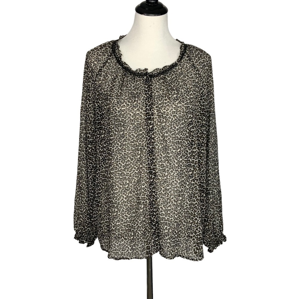 Gerard Darel Women Animal Print semi sheer Button Up Top Sz 44 US 12 Long Sleeve